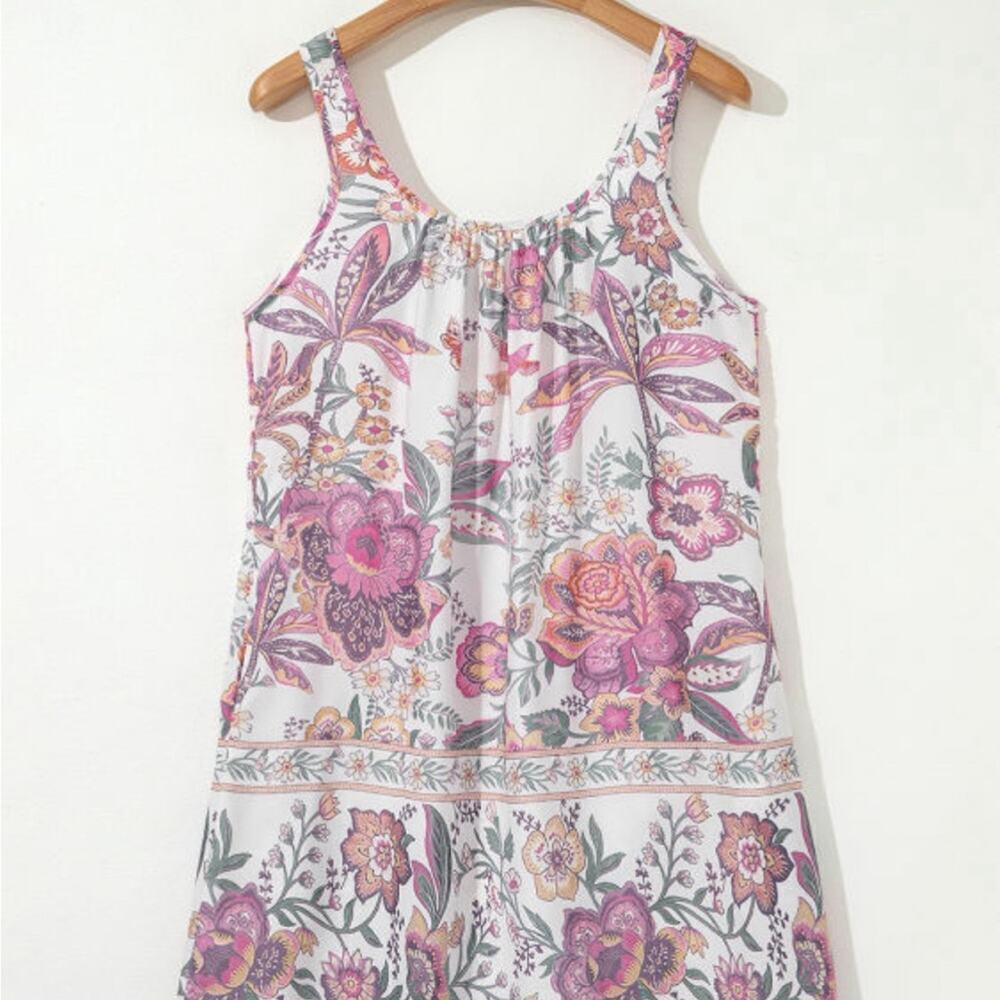 *NEW* Pink, Cream & Green Floral Sleeveless Boho Sleeveless Dress | Size M - Picture 2 of 6